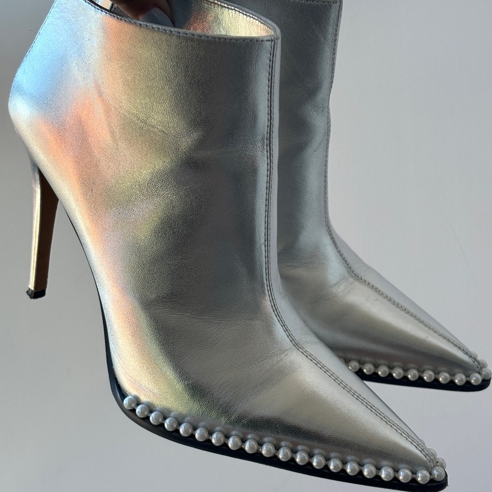 Karl Lagerfeld Silver High Heel Ankle Boots with Pearl Detailing.Great condition
